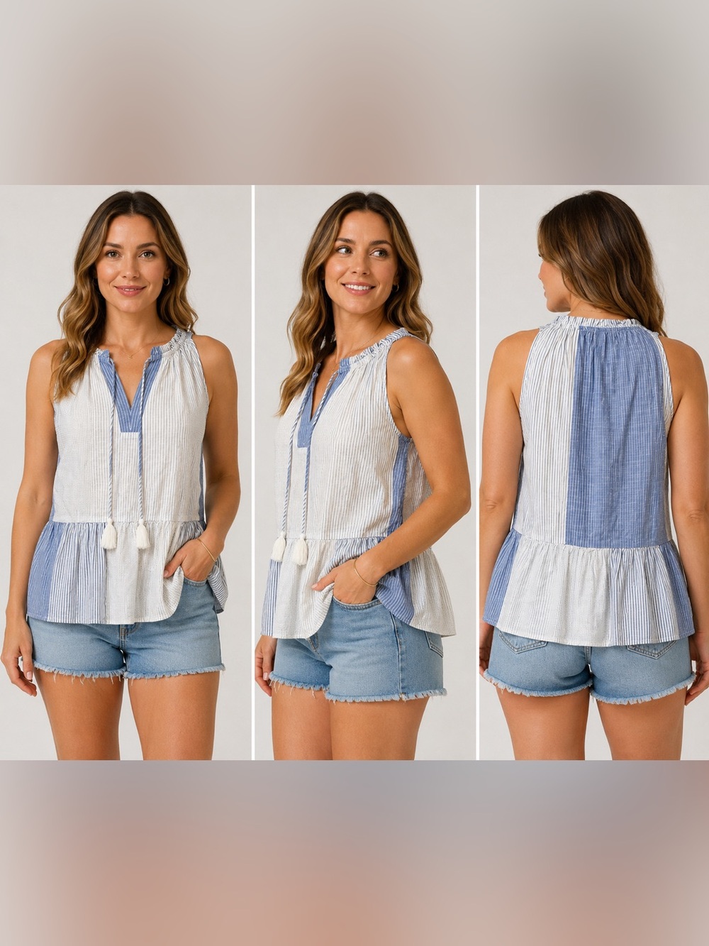 Lucky Brand Blue White Striped Sleeveless Peplum Tassel Tie Boho Top Women’s M